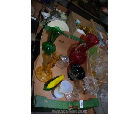 A Vaseline glass goblet, yellow and clear candlesticks, glass corn on the cob, ewer with enamel decoration etc.