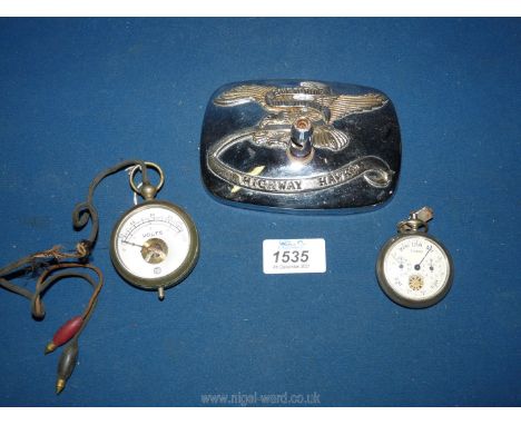 A Pocket Watch style Voltmeter reading up to 120, makers ''G.S'', 2 1/18'' diameter, a pedometer reading 1760 yds per rotatio