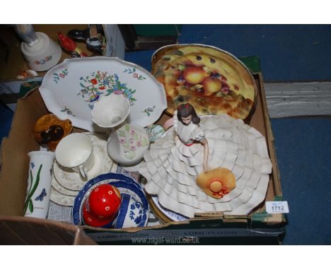 A quantity of china including Portmeirion vase, plates, Scarlet O'Hara figure, Old Willow trio, Belleek vase etc.