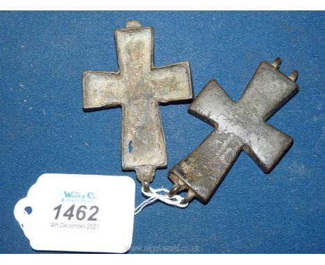 A rare Byzantine bronze reliquary cross (encolpion), 10th-11th century, the cover with a raised image of Christ on the cross 