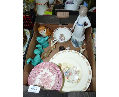 A small quantity of china including Beswick owl (a/f.), Nao figure, Bunnykins, Wedgwood trinket dish etc.