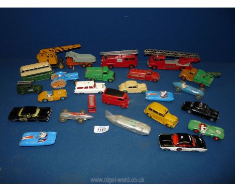 A box of old die cast vehicles including Dinky, Riley, Royal Mail van, 23k Talbot Lago, Thunderbolt, 110 Aston Martin, fire e