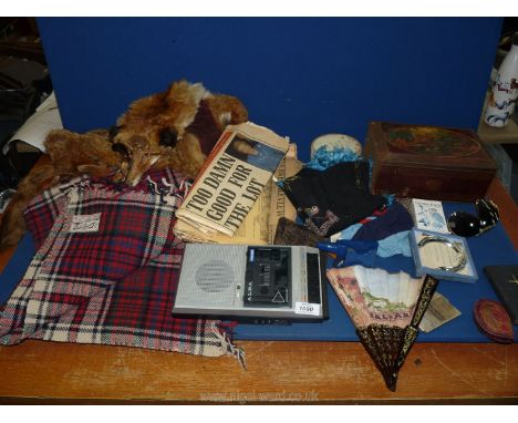 A quantity of miscellanea including fox stole, Riley's tin, pure wool picnic blanket, old newspapers, Alba cassette recorder,