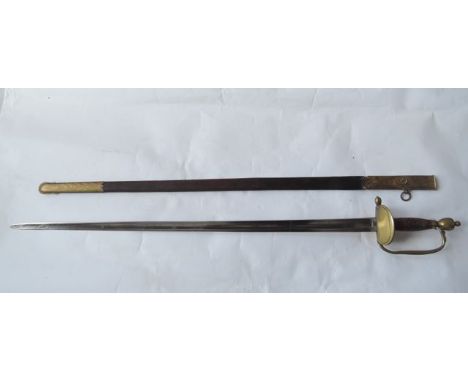 A mid 19th century US Army non commissioned Officer's sword, brass mounts, leather scabbard