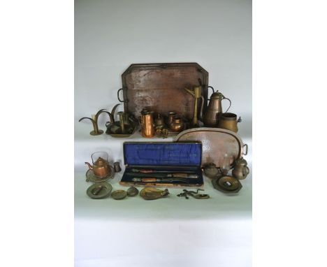 A box containing a collection of brass and copper wares to include a copper chocolate pot with banded brass detail, a similar