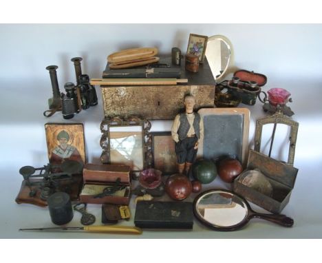 A miscellaneous collection (3 boxes) to include a set of postal scales with graduated associated weights, a boxed medicinal g