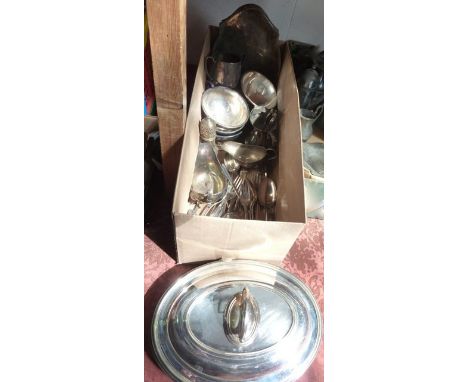 A lidded silver plated serving tureen of oval form, a small silver plated tray with pierced gallery sides, six unusual silver