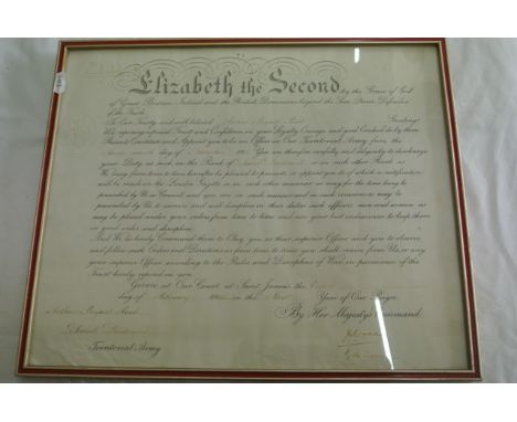 A commission appointing an officer in the Territorial Army from 27th day of November 1951 with facsimile signature of Queen E