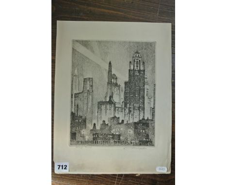 A pair of black and white etchings by Leon R Pescheret, both showing Chicago city scenes at night, both signed in pencil bott