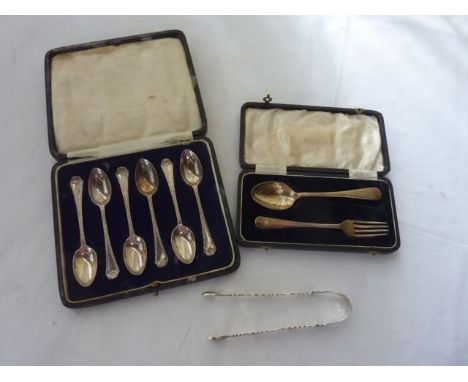 A cased Edward VIII silver gilt christening set, T. S., Sheffield, 1936, comprising: a fork and a spoon, initialled, 36g in t