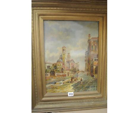 An oil painting on  board of a continental town scene, possibly in Venice with figures besides a canal, signed bottom left P 