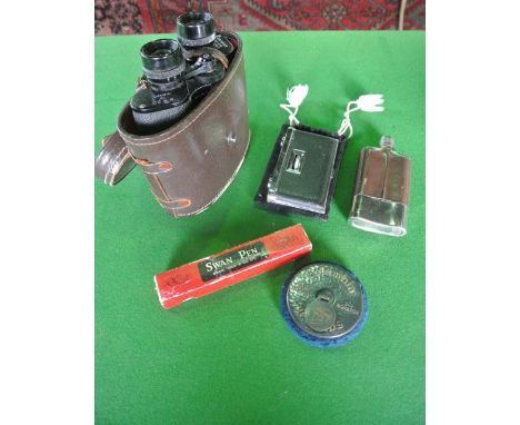 A vintage cased pair of Zeiss Weitzler binoculars together with a compact pair of opera glasses, a small hip flask, a Columbi