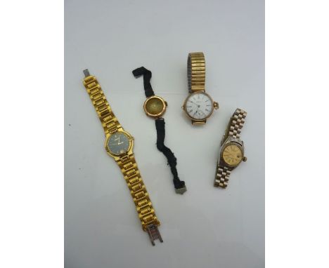 A vintage 9ct rose gold wristwatch, the dial with black Arabic numerals, "12 o'clock" in red, on a ribbon strap; an American 