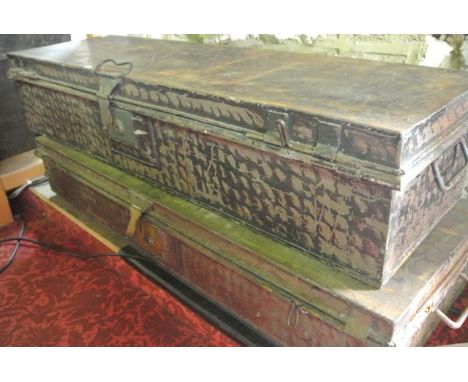 A pair of good quality Victorian uniform cases of shallow rectangular form, each with painted mottled ebonised finish, bearin