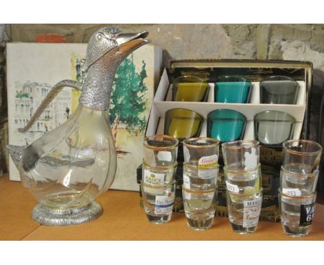 Two boxed sets of small Finnish glass beakers by Nuutajarvi Notsjo together with twelve vintage shot glasses with assorted be