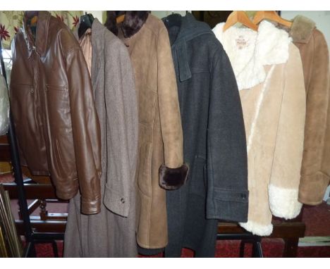 A selection of mens' vintage jackets to include three sheepskin examples, one in a pale colourway bearing the label Wilson Le