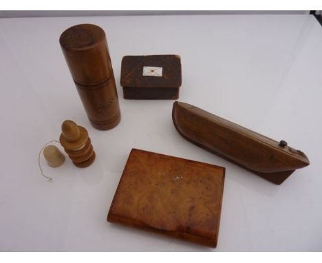 A burr maple snuff box, a small leather box with enamel envelope mount, a miniature boat hull and an olive wood needle case -