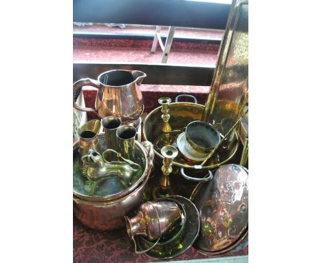 A mixed selection of metal wares to include a substantial 19th century copper pan of cylindrical form, a further copper pan w