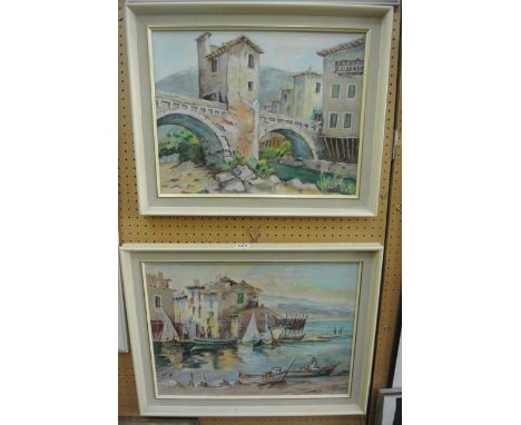 A pair of pastel studies of Mediterranean views, one a harbour scene, the other a triple arched bridge, one signed R Simpson 