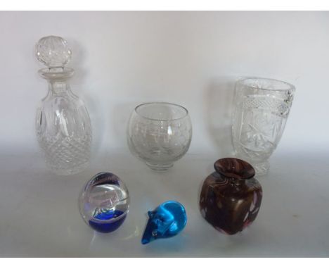 A selection of glassware to include a vase of squared form in the Ditchfield manner, a clear bowl on rounded foot with etched