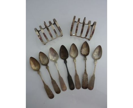 A set of six American silver Fiddle pattern teaspoons, Jabez Gorham & Son, 1841-1850, initialled, 72g in total; an American s