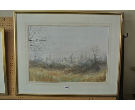 A watercolour of an Oxford city scene by Ken Messer, signed bottom right K J Messer, with artist's address label verso, 45 x 