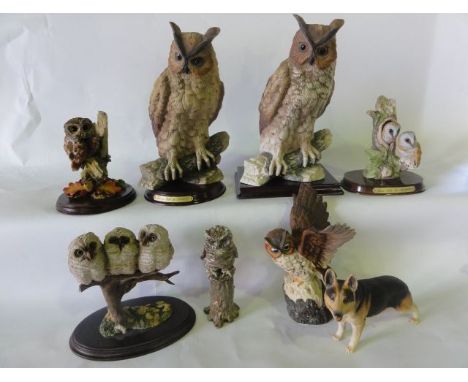 A quantity of ceramic and cast resin type groups of owls including a Country Artist's model of three owlets, a Thistle Green 