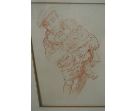 A lithograph of a red chalk drawing of a man carrying a young child, inscribed to mount Frank Brangwyn, RA inscribed verso Bo