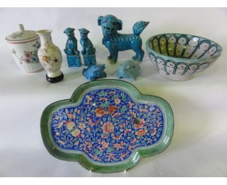A small collection of oriental ceramics including a mug and cover with painted Famille Rose floral and bird decoration, a tur