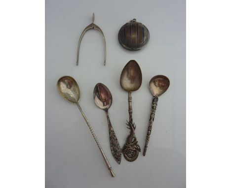 A Russian silver spoon, 84 standard, the bowl engraved with leaves, twisting handle, 17.5g; two sterling silver spoons, one h