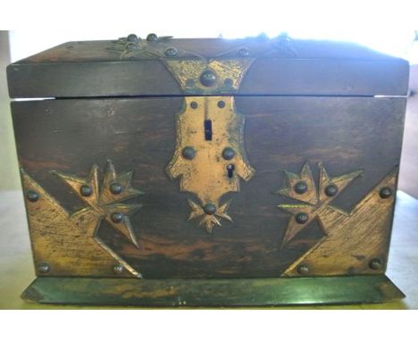 A good quality Victorian rosewood veneered tea caddy of rectangular form with extensive applied geometric brass mount to exte