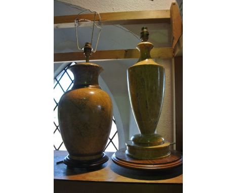 A substantial polished sand coloured serpentine desk lamp of baluster form raised on a cylindrical foot with further cylindri