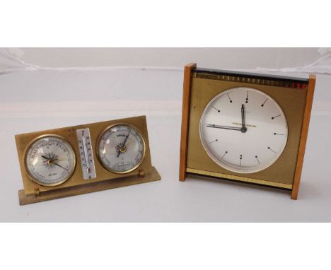 A Kienzle automatic desk clock, 'Horloger Joaillier' 14cm high, together with a brass desk weather station with barometer, th