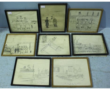 Eight mid-20th century original hand-drawn pencil cartoons of Navy and Army themes, signed and dated D K Naish, approximately
