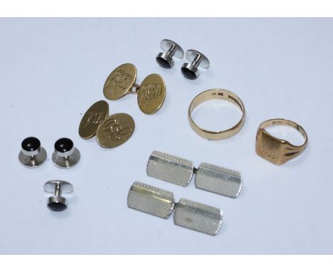 A 9ct gold signet ring, wedding ring and pair of cufflinks, 13.96g, together with a set of silver cufflinks and white metal s