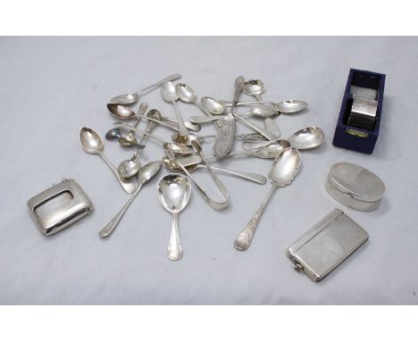 Two early 20th C silver vesta cases and an oval silver pill box with hinged cover , together with a napkin ring in fitted box