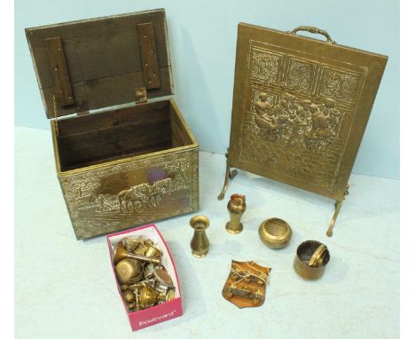 A quantity of assorted brass ware, including a coal box and fire-screen, together with various other items.