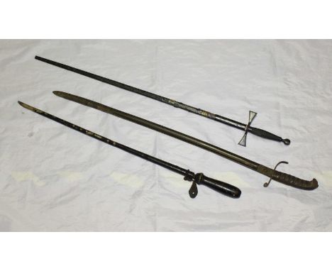 A small sword by Toy, Kenning and Spencer, together with a 19th Century infantry sword and cruciform bayonet in scabbard with