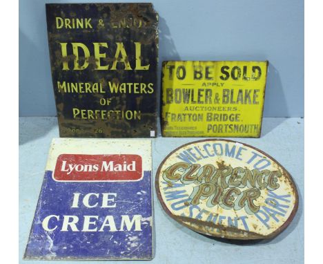 Four various metal advertising signs comprising 'Clarence Pier Amusement Park,' 'Ideal Mineral Waters,' 'Lyons Maid Ice Cream