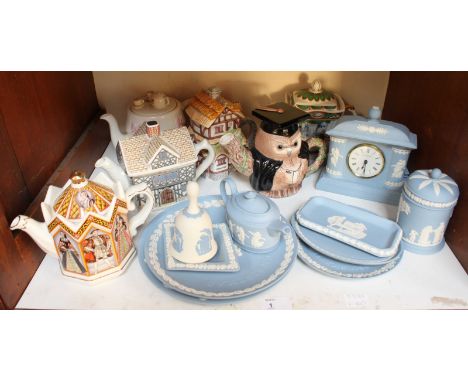 SECTION 1. Ten various pieces of Wedgwood Jasperware pottery, including a clock and plates etc. together with six novelty cer