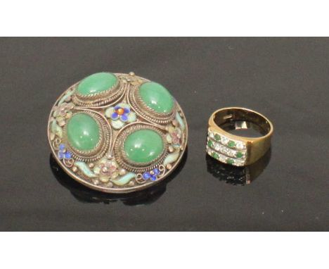 A 9ct gold signet ring set with white and emerald coloured stones, gross weight approximately 3.9g, together with a silver an