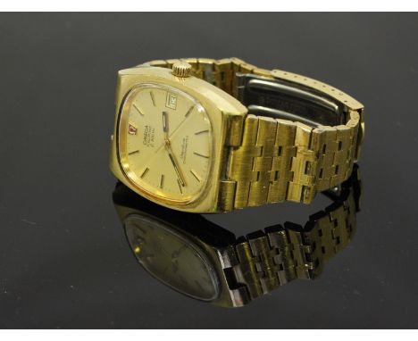 An Omega electronic 'f 300 Hz' chronometer wristwatch, the gold dial with batons denoting hours, subsidiary dial, gold plated