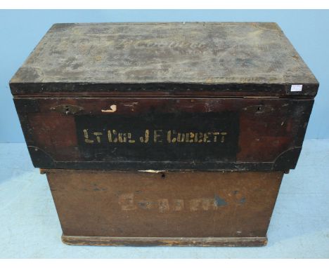 An army officer's zinc-lined wooden trunk, 92x51cm, together with an oak-grained pine coffer with internal candle box, 46x90c