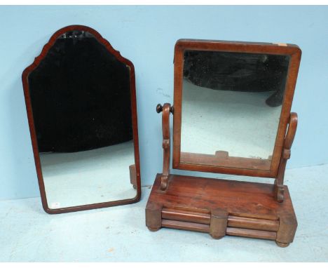 A 19th century mahogany platform mirror with base drawers, 63cm high, together with a 19th century wall mirror with mahogany 