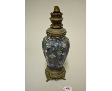 A Chinese cloisonne enamel and brass mounted table lamp, of lobed vase form, total height 42.5cm. 