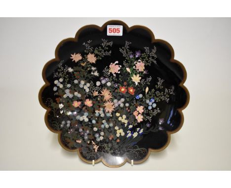 A Japanese cloisonne enamel scalloped edge&nbsp;plate, 31.5cm diameter. 