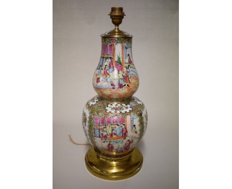 A large Chinese Canton famille rose double gourd table lamp, 19th century, height including fitting 57.5cm. 