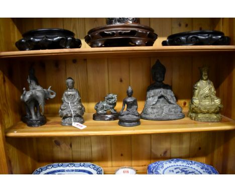 A group of six various figures, comprising: an Indian bronze of Indra and Erawan, 19cm high, on wood base; a Sino-Tibetan bro