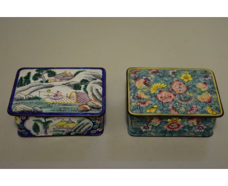 Two Chinese Canton enamel rectangular boxes and covers, 9.5cm wide. (2) 