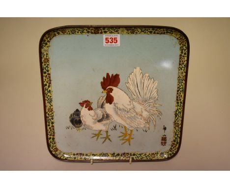A Japanese cloisonne enamel square plate, decorated with two cockerels, signed, 28cm wide. 